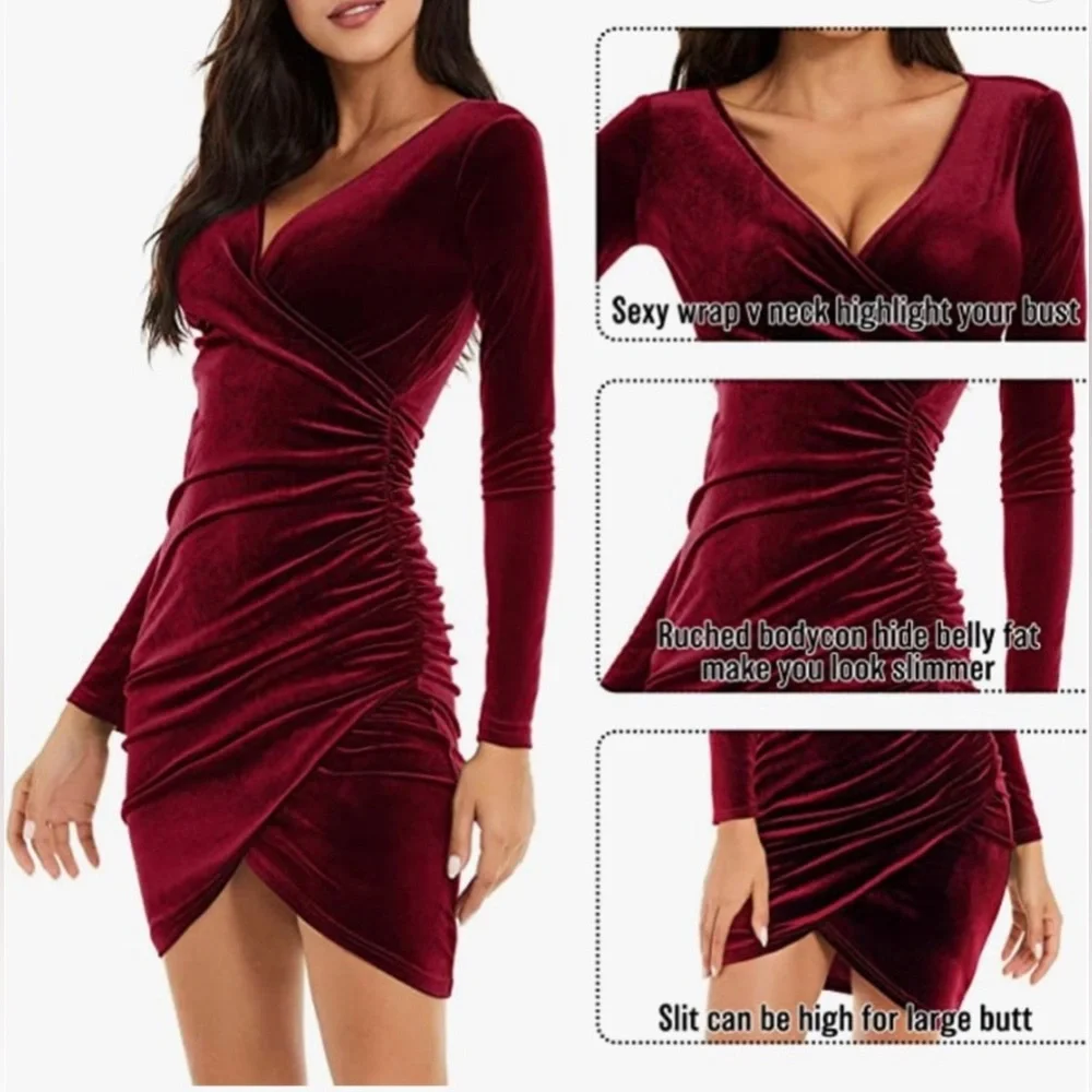 NWOT Guberry Elegant Burgundy Red Velvet Wrap Dress Women’s Sz Small - Picture 2 of 4